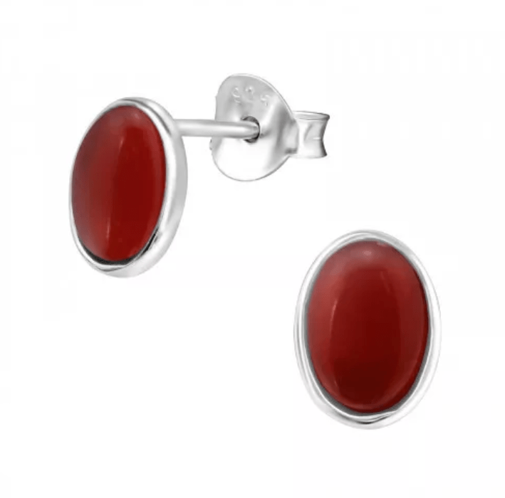 Silver Geniune Red Onyx Stone Stud Earrings