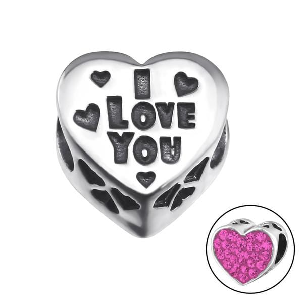 Silver Heart I Love You Rose Charm Bead