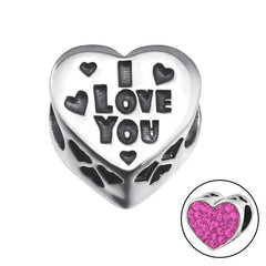 Silver Heart I Love You Rose Charm Bead