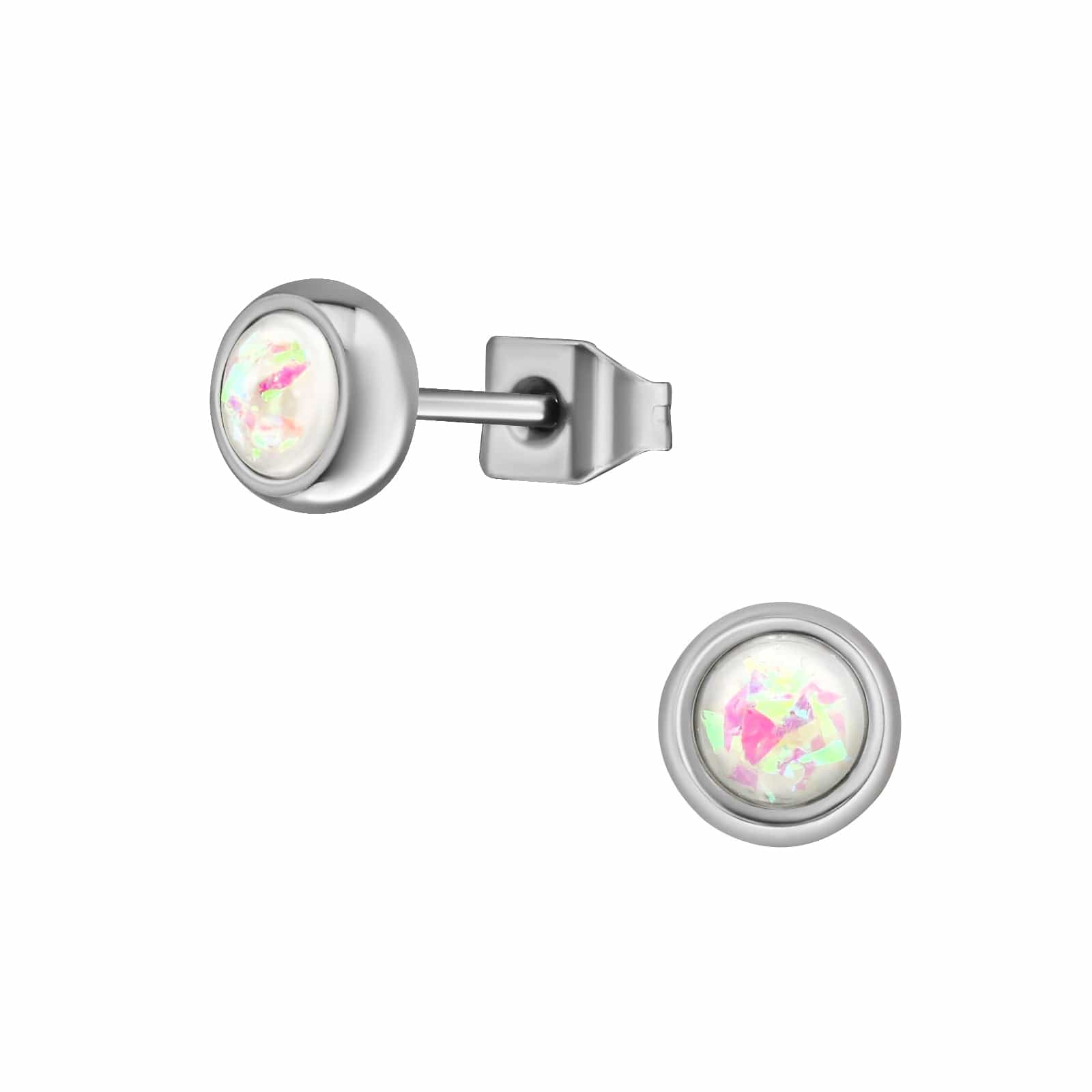Steel 5mm Round Ear Studs With Opal