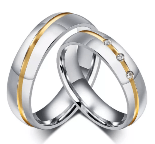 Steel Gold Line CZ Wedding Engagement Ring for Couple