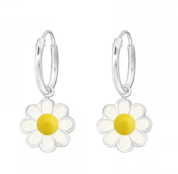 Kids 925 sterling silver daisy drop hoop earrings with white petals, yellow centres, 10 mm flower charms and 12 mm hoops, available in Australia.