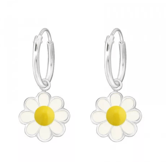 Kids 925 sterling silver daisy drop hoop earrings with white petals, yellow centres, 10 mm flower charms and 12 mm hoops, available in Australia.