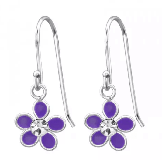Kids Purple Silver Flower Earrings
