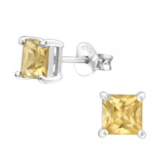 Silver Square Genuine Citrine Stud Earrings
