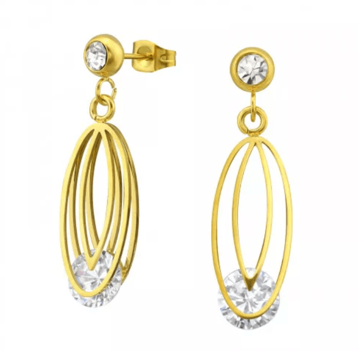 Gold Steel CZ Oval Hanging Earrings for Women