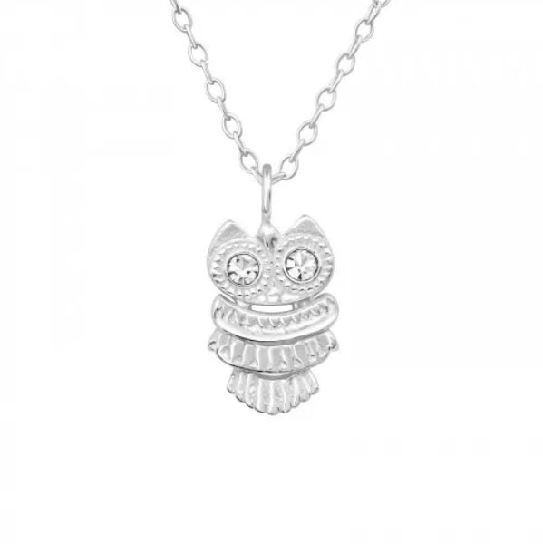 Silver Owl Crystal Pendant Necklace