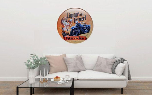 Liquor in the Front, Poker in the Rear Round Embossed Metal Tin Sign Poster