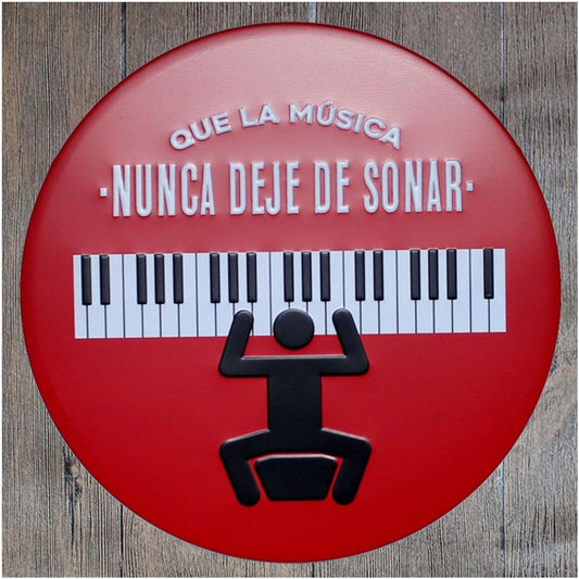 Que La Musica Round Embossed Metal Tin Sign Poster