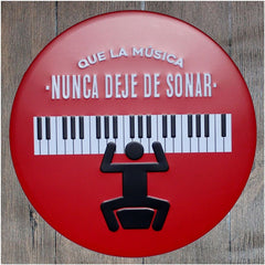 Que La Musica Round Embossed Metal Tin Sign Poster