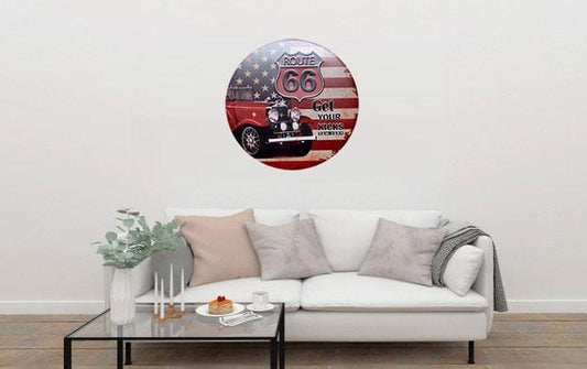 Route 66 Round Embossed Metal Tin Sign Poster