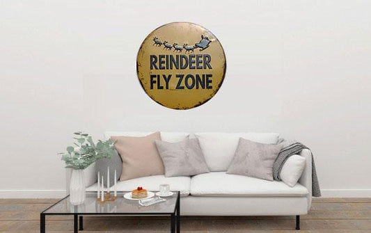 Reindeer Fly Zone Round Embossed Metal Tin Sign Poster