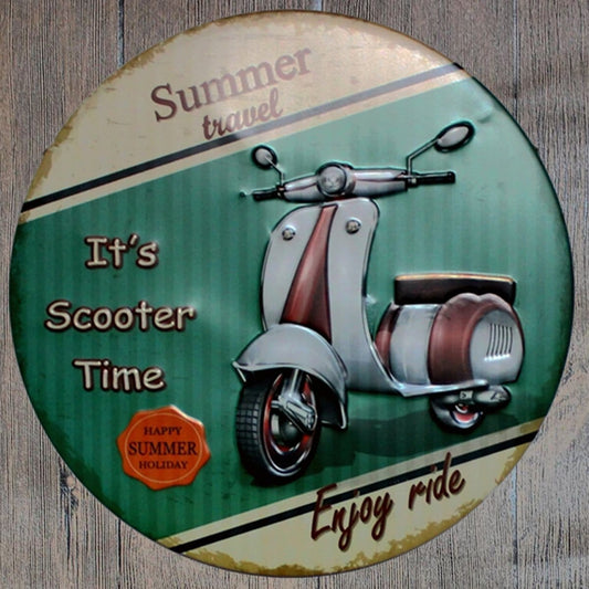 Its Scooter Time Round Embossed Metal Tin Sign Poster