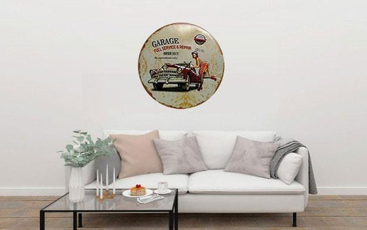 Garage Full Service & Repair Round Embossed Metal Tin Sign Poster