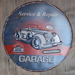Garage Service & Repair Round Embossed Metal Tin Sign Poster