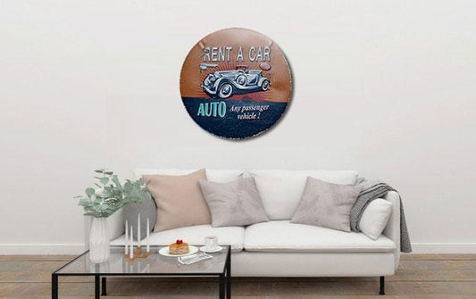 Rent A Car Round Embossed Metal Tin Sign Poster