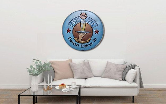 Fresh & Cold Beer Round Embossed Metal Tin Sign Poster