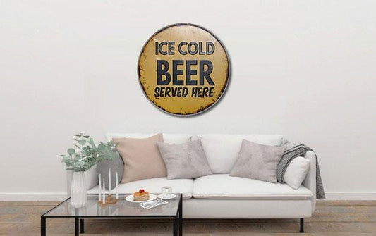 Ice Cold Beer Served Here Round Embossed Metal Tin Sign Poster