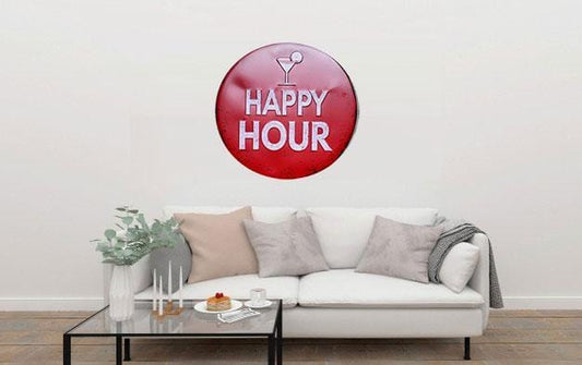 Happy Hour Round Embossed Metal Tin Sign Poster