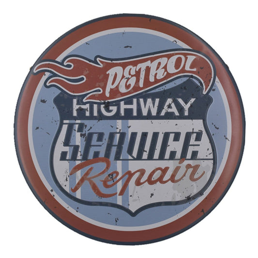 Petrol Service Highway Repair Round Embossed Metal Tin Sign Poster