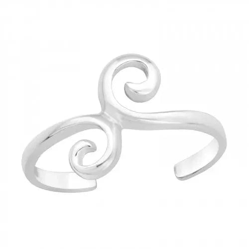 Adjustable 925 sterling silver spiral toe ring with polished double-swirl detailing, an open band and a 9 x 10 mm design, available in Australia.