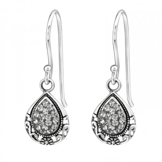 Silver Black Diamond Crystal Pear Earrings
