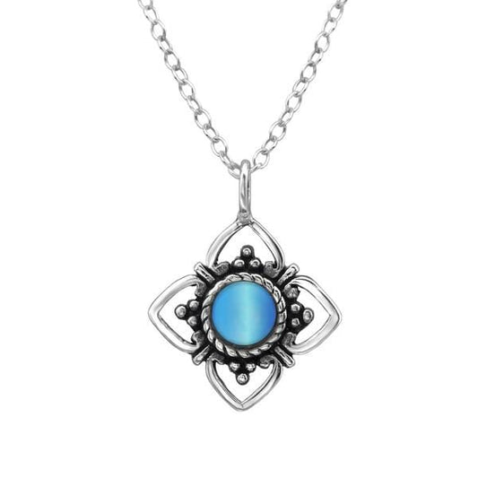 Silver Blue Cat Eye Flower Necklace