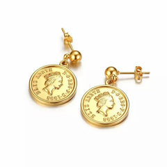 Stainless Steel Gold Coin Queen Earrings