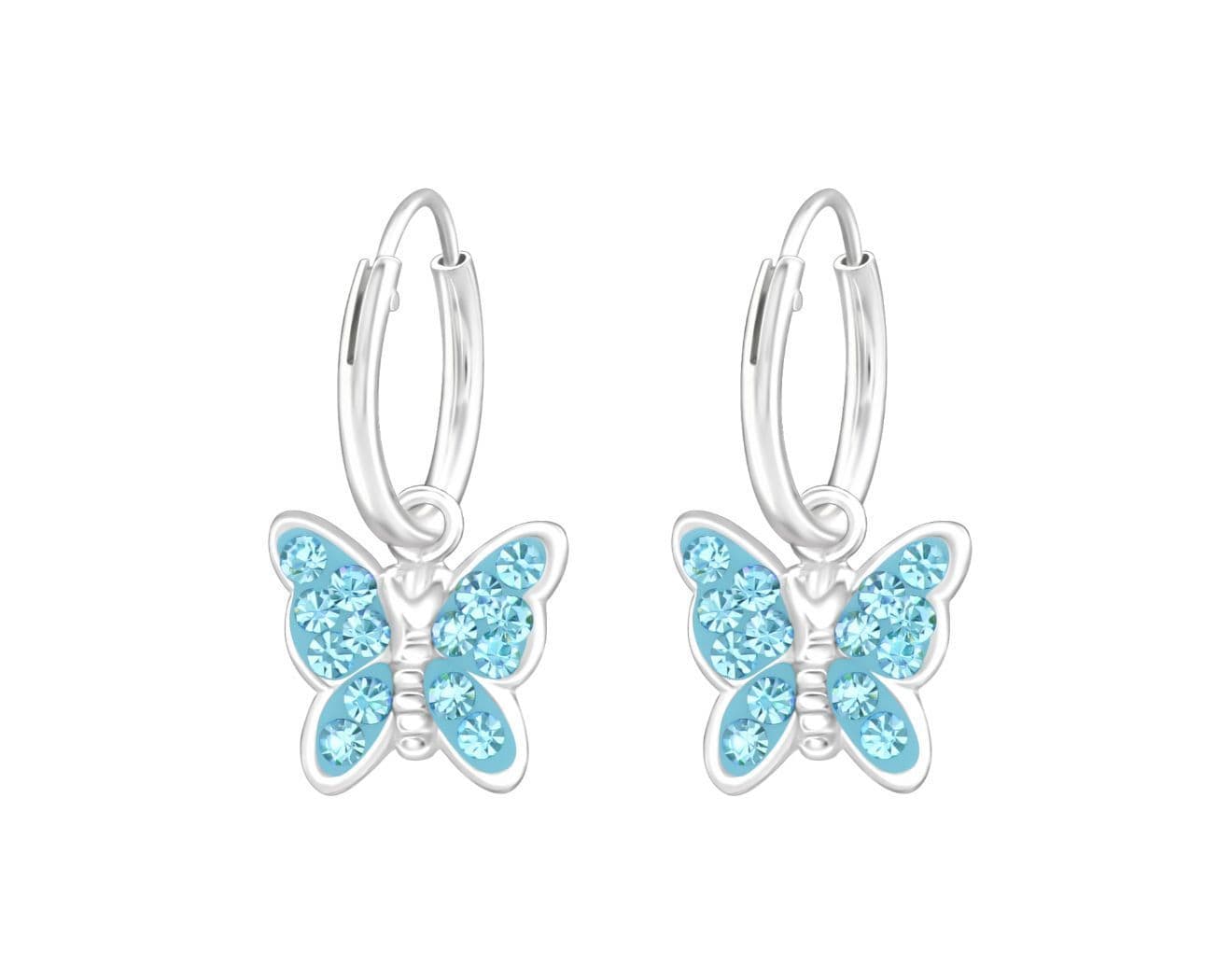 Kids sterling silver butterfly hoop earrings with light rose pink crystal charms, polished 12 mm hoops and gift-box presentation in Australia.