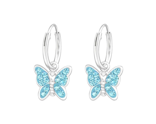 Kids sterling silver butterfly hoop earrings with light rose pink crystal charms, polished 12 mm hoops and gift-box presentation in Australia.