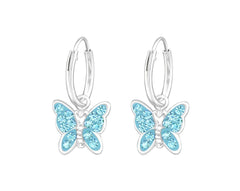 Kids sterling silver butterfly hoop earrings with light rose pink crystal charms, polished 12 mm hoops and gift-box presentation in Australia.