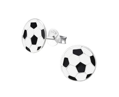 Children’s 925 sterling silver football stud earrings with a black and white soccer ball design, 9 mm size and butterfly backs, available in Australia.