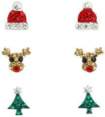 Kids sterling silver Christmas stud earring set with Santa hat, reindeer and green tree crystal designs, three festive pairs and gift box in Australia.