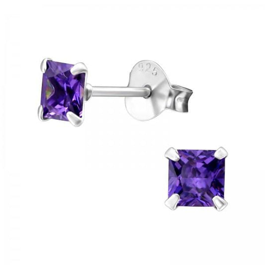 Silver Square Birthstone Stud Earrings