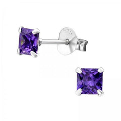 Silver Square Birthstone Stud Earrings