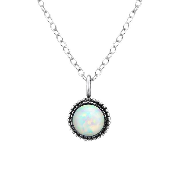 Silver Round Fire Snow Opal Necklace