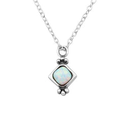 Silver Square Fire Snow  Opal Necklace