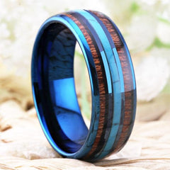 Tungsten Electric Blue Ring with Wood Inlay