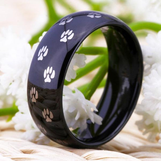 6mm Paw Print Black Wedding Bands