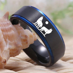 Tungsten Blue and Black Wolf Ring