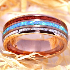 Tungsten Fire Opal Wood Ring for Wedding & Engagement