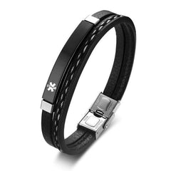 Black Leather Medical Alert ID Bracelets