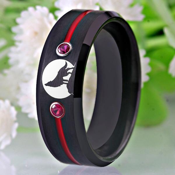 Tungsten Red Bejewelled Wolf Ring