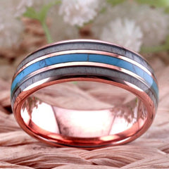 Tungsten Rose Gold Antler Turquoise Wedding Ring