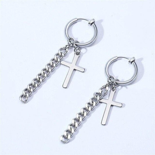 Tassel Drop Silver Cross Dangle  Earrings for Men
