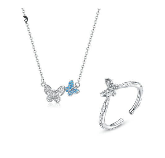 Silver Butterfly Pendant Necklace Set