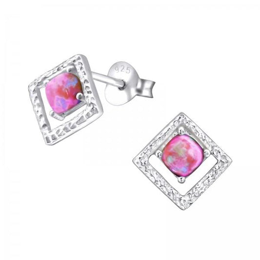 Silver Square Opal Stud Earrings