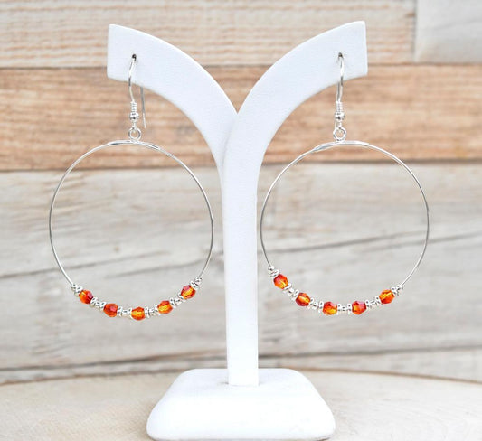 Fire Opal Swarovski Crystal Silver Hoop Earrings