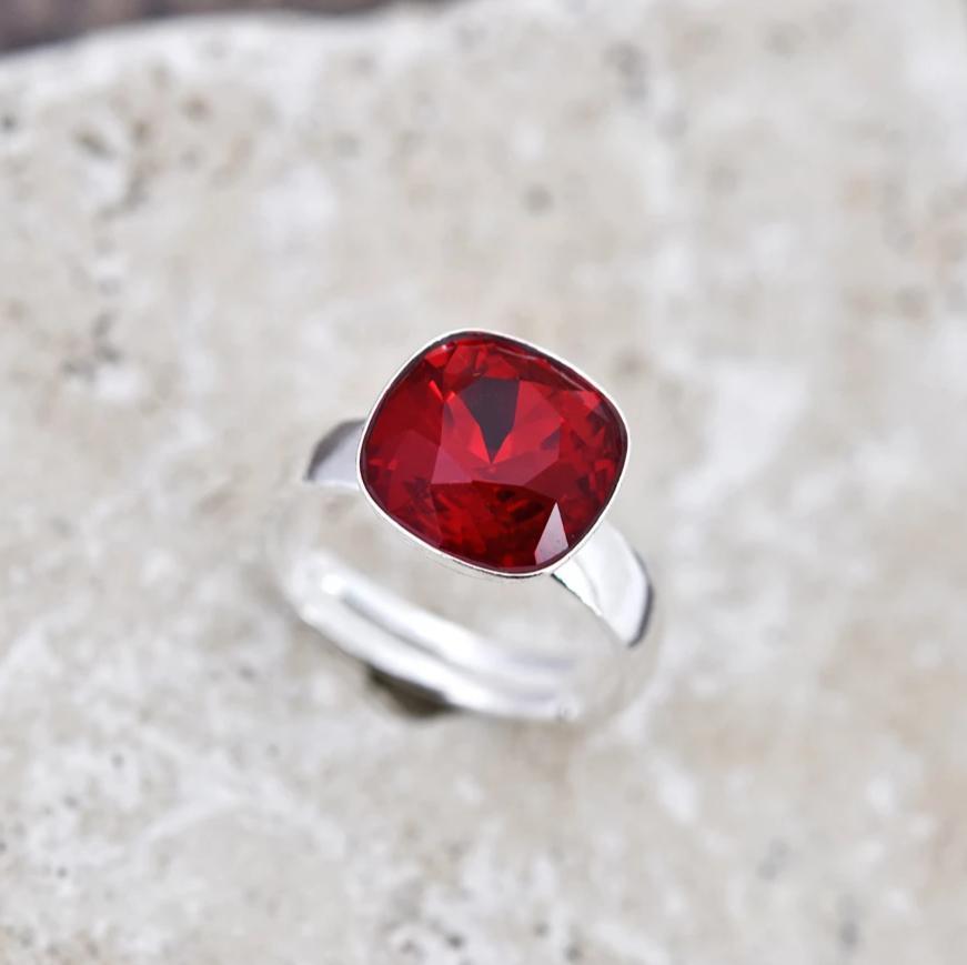 Siam Swarovski Crystal Cushion Cut Adjustable Silver Ring