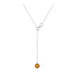 Sterling silver tie necklace with an infinity-shaped centre and faceted orange Fire Opal crystal drop